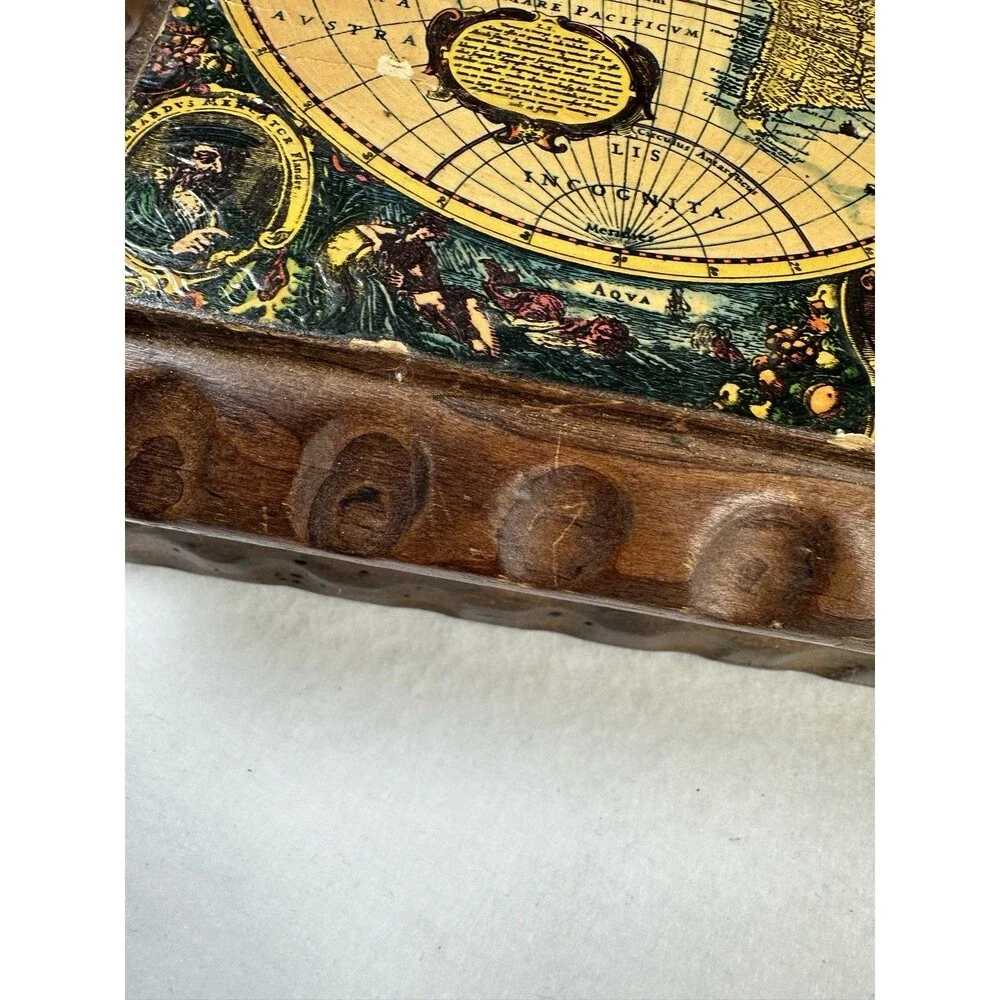 Vintage Wooden Trinket‎ Box World Map Decorative Lid Hinged Jewelry Organizer